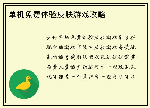 单机免费体验皮肤游戏攻略