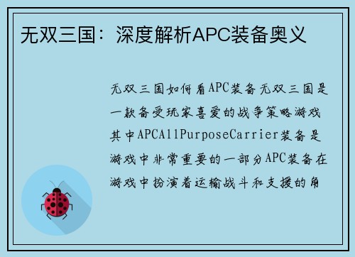 无双三国：深度解析APC装备奥义