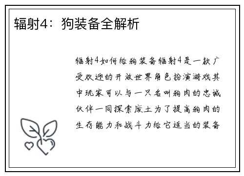 辐射4：狗装备全解析