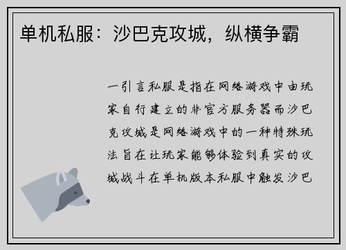 单机私服：沙巴克攻城，纵横争霸