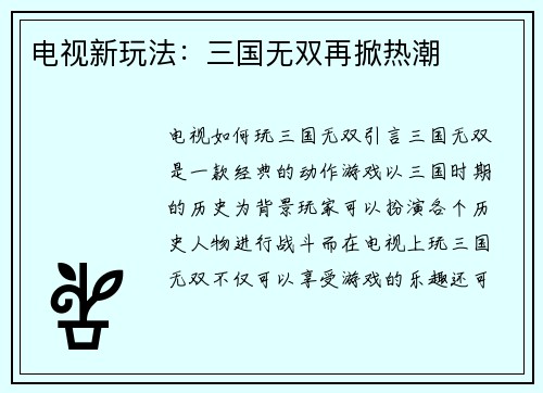 电视新玩法：三国无双再掀热潮