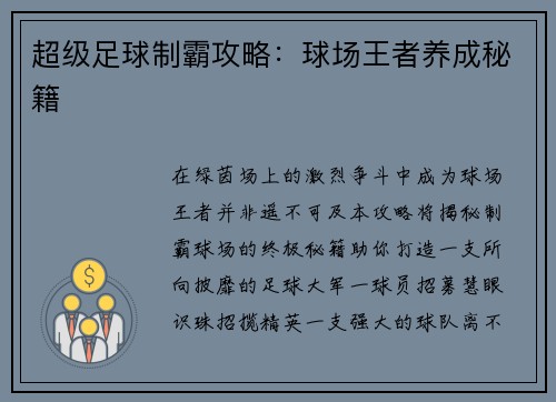 超级足球制霸攻略：球场王者养成秘籍