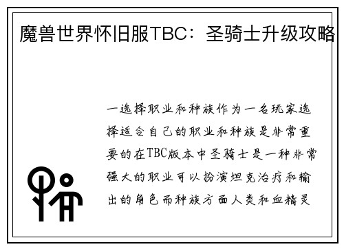 魔兽世界怀旧服TBC：圣骑士升级攻略